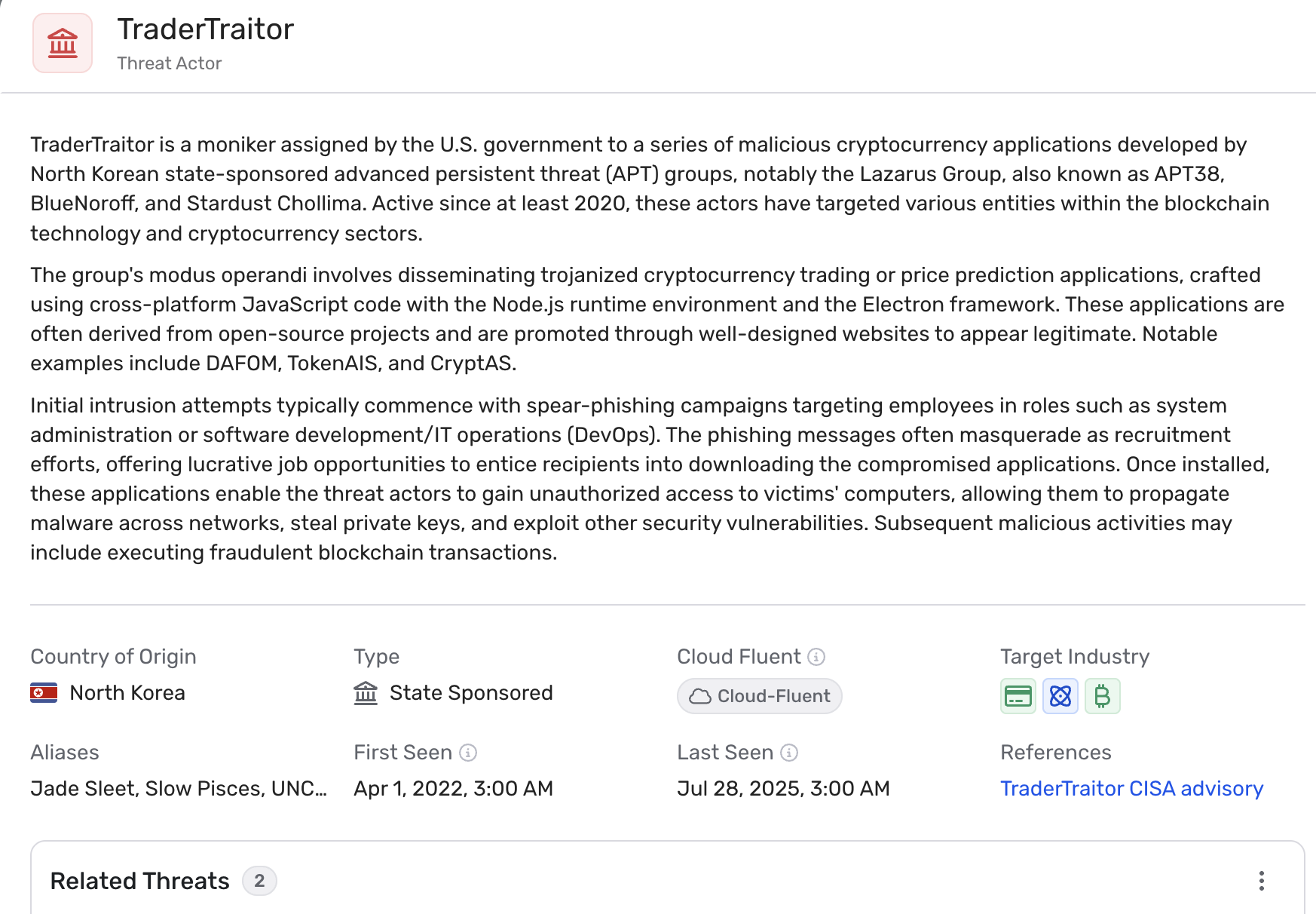 Wiz Threat Actors 页面截图：TraderTraitor